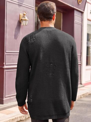Runcati Men's Long Cardigan Sweater Casual Open Front Shawl Collar Long Sleeve Ripped Sweater with Pockets in Saudi Arabia