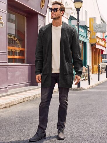 Runcati Men's Long Cardigan Sweater Casual Open Front Shawl Collar Long Sleeve Ripped Sweater with Pockets in Saudi Arabia