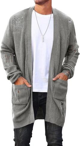 Runcati Men's Long Cardigan Sweater Casual Open Front Shawl Collar Long Sleeve Ripped Sweater with Pockets in Saudi Arabia
