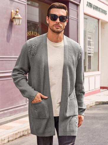 Runcati Men's Long Cardigan Sweater Casual Open Front Shawl Collar Long Sleeve Ripped Sweater with Pockets in Saudi Arabia