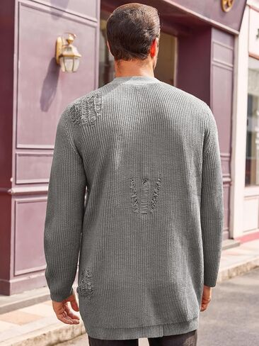 Runcati Men's Long Cardigan Sweater Casual Open Front Shawl Collar Long Sleeve Ripped Sweater with Pockets in Saudi Arabia
