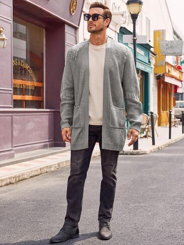 Runcati Men's Long Cardigan Sweater Casual Open Front Shawl Collar Long Sleeve Ripped Sweater with Pockets in Saudi Arabia
