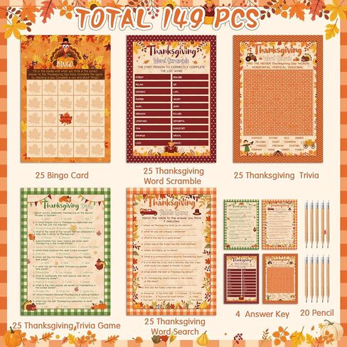 Pasimy 149 Pcs Thanksgiving Party Games 25 Players Thanksgiving Word Search Scramble Bingo Card Trivia Game for Fall Thanksgiving Family Activities Party Game Supplies in Saudi Arabia