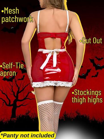 French Maid Outfit For Women,Bow Backless 3 Piece Leather Cosplay Lingerie,Sexy Halloween Costume Dress With Garter in Kuwait