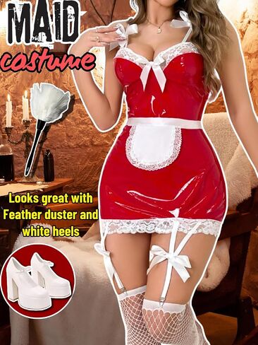 French Maid Outfit For Women,Bow Backless 3 Piece Leather Cosplay Lingerie,Sexy Halloween Costume Dress With Garter in Kuwait