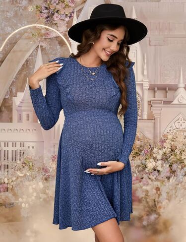 KOJOOIN Maternity Ribbed Knit Ruffle Cap Long Sleeve Fall Casual Sweater Dress Crew Neck Midi Dress Baby Shower Photoshoot in Saudi Arabia