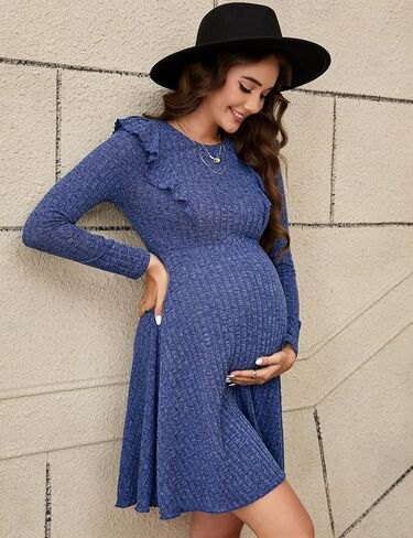 KOJOOIN Maternity Ribbed Knit Ruffle Cap Long Sleeve Fall Casual Sweater Dress Crew Neck Midi Dress Baby Shower Photoshoot in Saudi Arabia