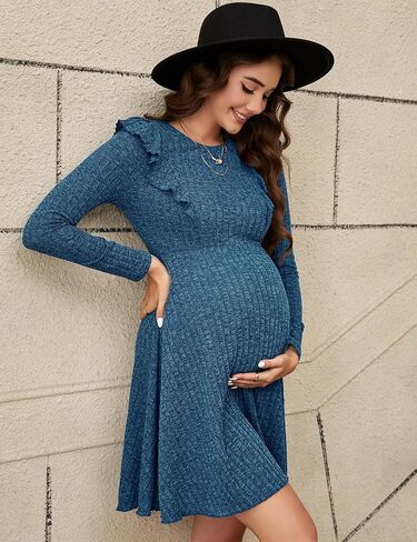 KOJOOIN Maternity Ribbed Knit Ruffle Cap Long Sleeve Fall Casual Sweater Dress Crew Neck Midi Dress Baby Shower Photoshoot in Saudi Arabia