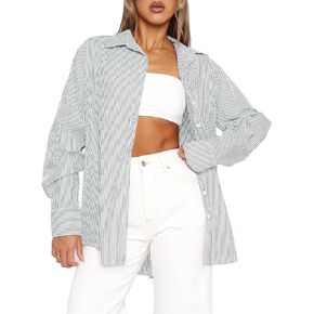 Balimtoy Womens Oversized Long Sleeve Button Down Boyfriend Shirts Casual Collared Loose Fitting Striped Blouses Fall Y2kTops