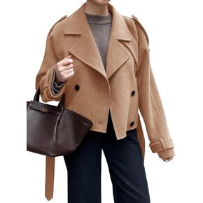 Tankaneo Womens Cropped Pea Coat Double Breasted Dressy Casual Notched Lapel Overcoat with Belt