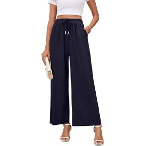 SUEANI Women's Casual Wide Leg Palazzo Pants Adjustable Tie Knot Drawstring Elastic Waist Pants with Pockets