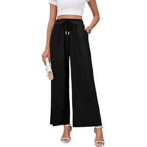 SUEANI Women's Casual Wide Leg Palazzo Pants Adjustable Tie Knot Drawstring Elastic Waist Pants with Pockets