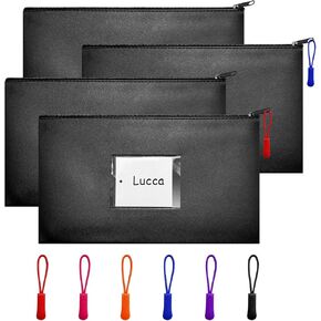 4 Pcs Money Bags With Zipper Black Money Pouch Bag Wallet Pouches with Label 11x6.1inch Bank Deposit Bags Leather Cash Coin Zipper Bags Checks Bag Organizer Receipt Holder Makeup Bags for Women Men