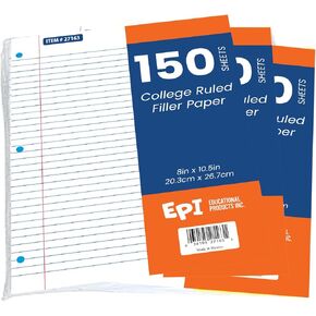 EPI Filler Paper, College Ruled Loose Leaf, 3-hole punch, 150 Sheet, 10.5 x 8 Inch, Pack of 3 (450 sheets)