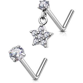 OUFER 2PCS Nose Rings Studs, Stainless Steel Nose Rings 20G, Moon Star Butterfly Design Nose Rings L shaped, Nose Nostril Dangle Piercing Jewelry, Shining CZ Nose Rings for Women Men-7MM