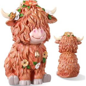 1 Pc Large Highland Cow 8 Inch Cute Brown Highland Cow with Sunflower Resin Figurine Calf Decor Handmade Gifts for Cow Lovers Farmhouse Table Home Garden Office Desk Christmas Decorations