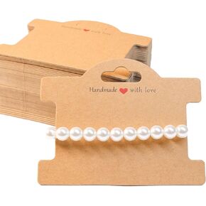 ALLWSLucky 50PCS Bracelet Cards for Selling, White Bracelet Display Cards Handmade with Love Jewelry Display Card for Small Business of Hair Ties, Bracelet, Necklace, Hair Scrunchies(Brown)