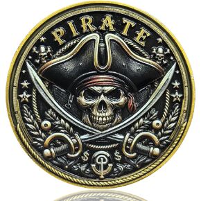 Pirate Adventure Challenge Coin - Skull and Crossed Swords with Treasure Map Design