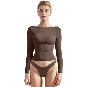 SUUKSESS Women Crew Neck Long Sleeve T Shirts Double Lined Tight Fitted Crop Top