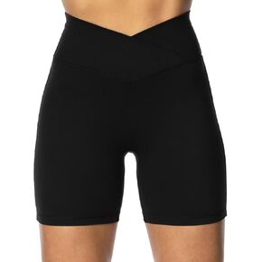 Sunzel Sunzfly Crossover Biker Shorts for Women, V Criss Cross High Waist Yoga Workout Gym Shorts with Tummy Control 6" Inseam Black Small