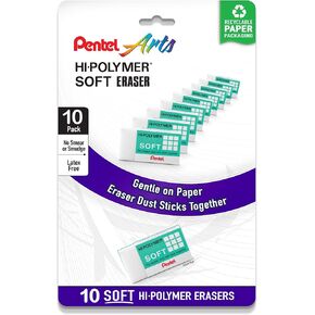 Pentel Hi-Polymer Soft Eraser - Pack of 10 White Erasers for School and Office