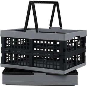 Pack of 2 Collapsible Shopping Baskets, 15 Liter Folding Plastic Crate with Handles, Moving Storage Crate Small Stackable Containers Bins, Black