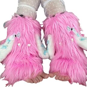 Womens Faux Fur Furry Leg Warmers with Rabbit Ears Lolita Kawaii Gothic Y2k Boot Cuff Cover Cosplay Accessory