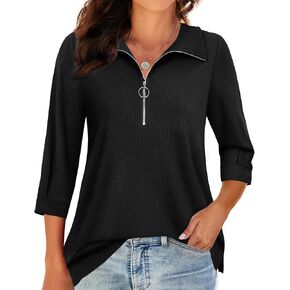 3/4 Length Sleeve Womens Tops, V Neck T Shirts Zipper Collar Work Blouses for Women Dressy Casual Polo Shirts Fall Top