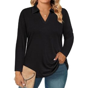 RITERA Plus Size Polo Shirts for Women Fall Long Sleeve V Neck Tops Casual Collared Blouses XL-5XL