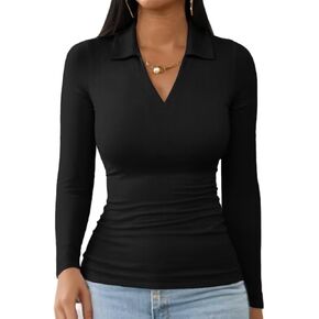 Women Fall Clothes V Neck Shirts Long Sleeve Lapel Tshirts Ribbed Knit Slim Fitted Polo Collar Casual Basic Tee Tops