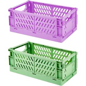 Drawer Organizers, Plastic Foldable Baskets, Collapsible Stacking Storage Bins, Plastic Crates for Storage, and Organizing with Crate Bin, Office (2 Packs Purple + Green)