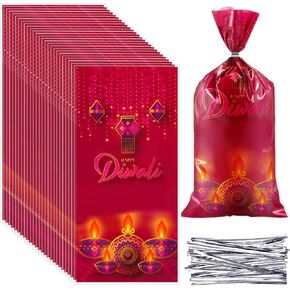 Tenceur 100 Pcs Happy Diwali Cellophane Bags, Festival of Lights Cellophane Treat Bags with Ties Plastic Favor Bags Candy Bags Goodie Bags for Diwali Party, Indian Celebration Supplies, 11 in x 5 in