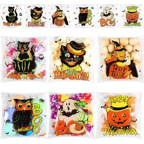 Blosssound 300 Pcs Halloween Cellophane Treat Bags Halloween Self Adhesive Candy Bags Clear Witch Cat Pumpkin Goodie Cookie Gift Bags for Halloween Party Favors Supplies
