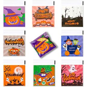 AXYEEUR 200 Pcs Halloween Candy Bags,8 Styles Halloween Self Adhesive Cookie Bags, Clear Cellophane Treat Bags for Halloween Party Favor Supplies