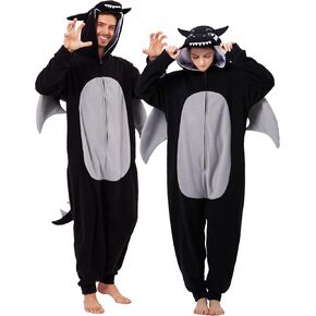 dressfan Unisex Adults Black Dragon Costume Halloween Cosplay Costume Onesie Pajamas Hooded for Women Men