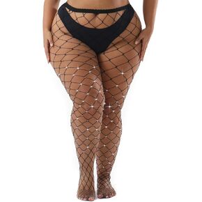 Plus Size Rhinestone Fishnet Stockings Glitter Pantyhose High Waist Mesh Stockings, Sparkly Mesh Fishnet Tights