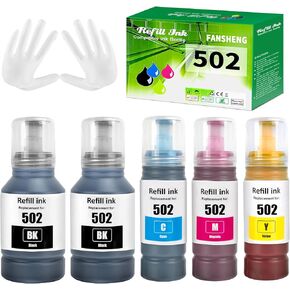 502 Ink Compatible with Epson 502 Ink Refill Bottles for Ecotank ET-2850 ET-3850 ET-4850 ET-15000 ET-3830 ET-2760 ET-4760 ET-3760 ET-3843 ET-3710 ET-2700 ET-2750 ET-3700 Inkjet Printer, 5P 2BK C M Y