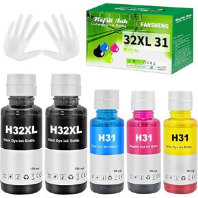 31 32XL مجموعة زجاجات الحبر متوافقة مع HP 31 مجموعة زجاجات الحبر للخزان الذكي 7301 6001 7602 5101 7001 450 455 457 517 للطابعات Smart Tank Plus 651 551 557 655 617 570 571. (5P، 2BK CMY)