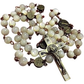 elegantmedical HANDMADE NICE Moonlight Mother of Pearl Beads St. Benedict Rosary necklace bronze Cross gift box Gift