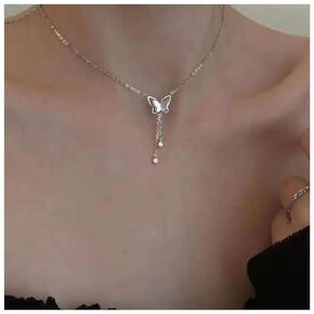 Boho Mother Of Pearl Butterfly Necklace Cz Y Lariat Necklace Butterfly Tassel Necklace Silver Crystal Choker Necklace Hollow Butterfly Choker Necklace Jewelry for Women and Girls