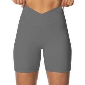 Sunzel Sunzfly Crossover Biker Shorts for Women, V Criss Cross High Waist Yoga Workout Gym Shorts with Tummy Control 6" Inseam Charcoal Gray Large