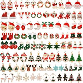 Acejoz 100Pcs 50 Pairs Christmas Charms for Jewelry Making and Bracelets, Gold Enamel Jewelry Pendants for Xmas Earring Bracelet Necklace Craft Making