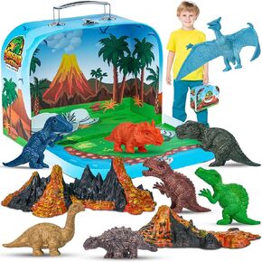 Dino Carry Case Set - with Play Scenery Inside, 8 Dinosaur Figures & 2 Volcanic Landscape | Dinosaur Toys for Kids 3-5 | Toddler Boy Toys for 3 Year Old Boy Kids 5-7 Gift