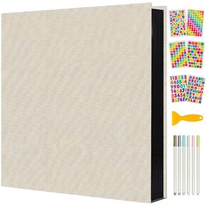 AIOR Photo Album Self Adhesive Scrapbook Album for 4x6 5x7 8x10 Pictures Linen Cover DIY Photo Album Book 40 Black Sticky Pages with 6 Metal Pen and DIY Accessories