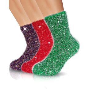 Sparkly Fuzzy Socks 3 Pairs Funny Fluffy Cozy Soft Novelty Slipper Socks, Plush Thick Thermal Winter Warm Crew Socks for Women Men Christmas Gifts Stocking Stuffers