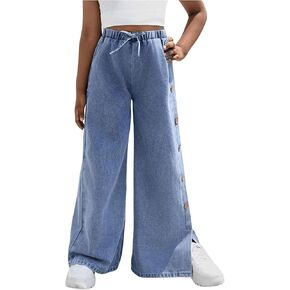MakeMeChic Girl's Elastic Waist Tie Front Jeans Button Split Side Wide Leg Long Denim Pants