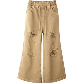 KIDSCOOL SPACE Girls Wide-Leg Colored Denim Jeans, 5-14T Loose Elastic Waist with String Ripped Flared Pants