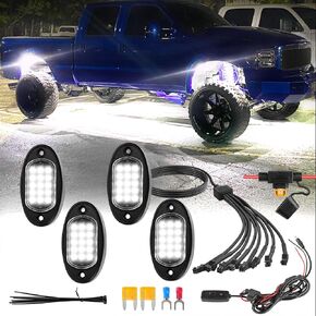 8Pods Pure White LED Rock Lights Kit with Switch Wiring Harness Extension Wire, 6000K 15LEDs Neon Underglow Light Waterproof Fender Lights for Car Trucks Jeep Off Road ATV UTV SUV