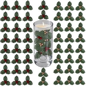 52 قطعة من أوراق هولي الصغيرة مع التوت، 3.15 بوصة من أوراق هولي عيد الميلاد والتوت للحرف اليدوية، حشو إكليل عيد الميلاد أوراق التوت الصغيرة الثلاثية للشمعة العائمة (أحمر، ذهبي) in Kuwait