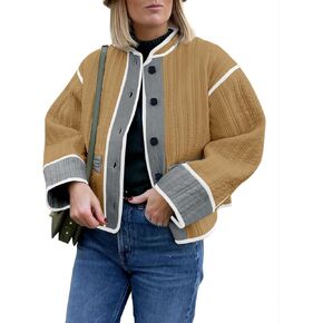 Tankaneo Womens Cropped Quilted Jacket Lightweight Button Down Long Sleeve Color Block Loose Coats